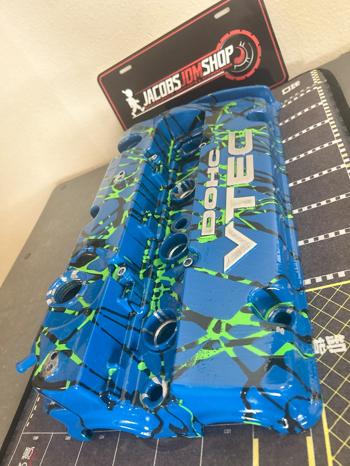 H22 Custom Painted Valve Cover - Blue/Green/Black - CUT