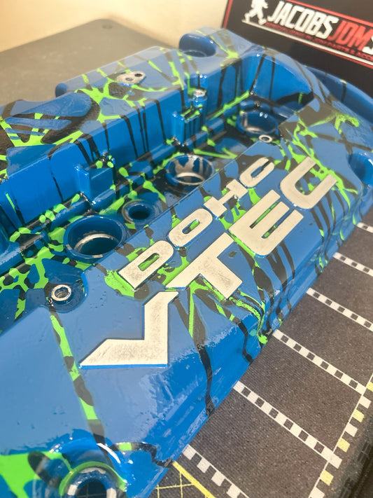 H22 Custom Painted Valve Cover - Blue/Green/Black - CUT