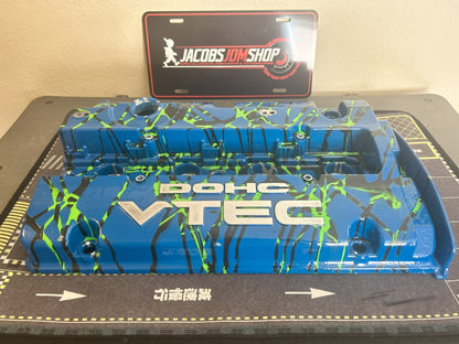 H22 Custom Painted Valve Cover - Blue/Green/Black - CUT
