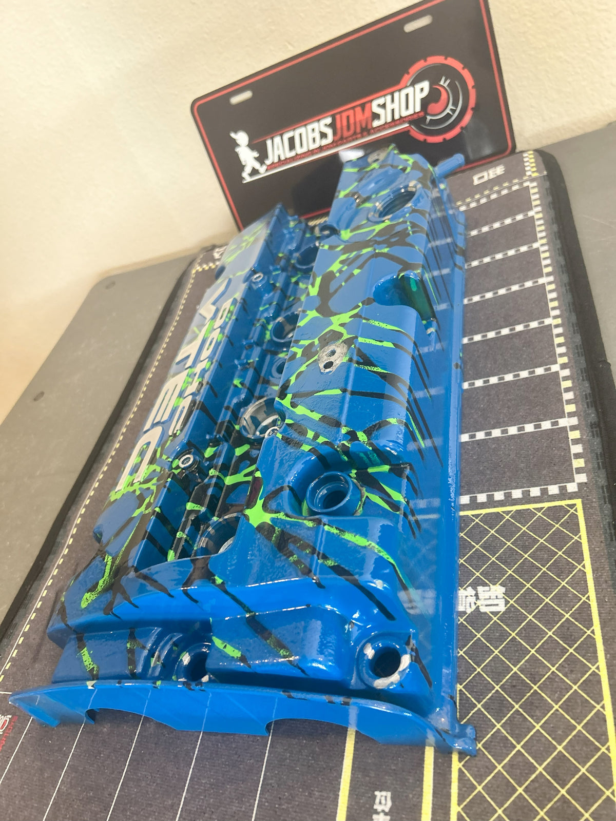 H22 Custom Painted Valve Cover - Blue/Green/Black - CUT