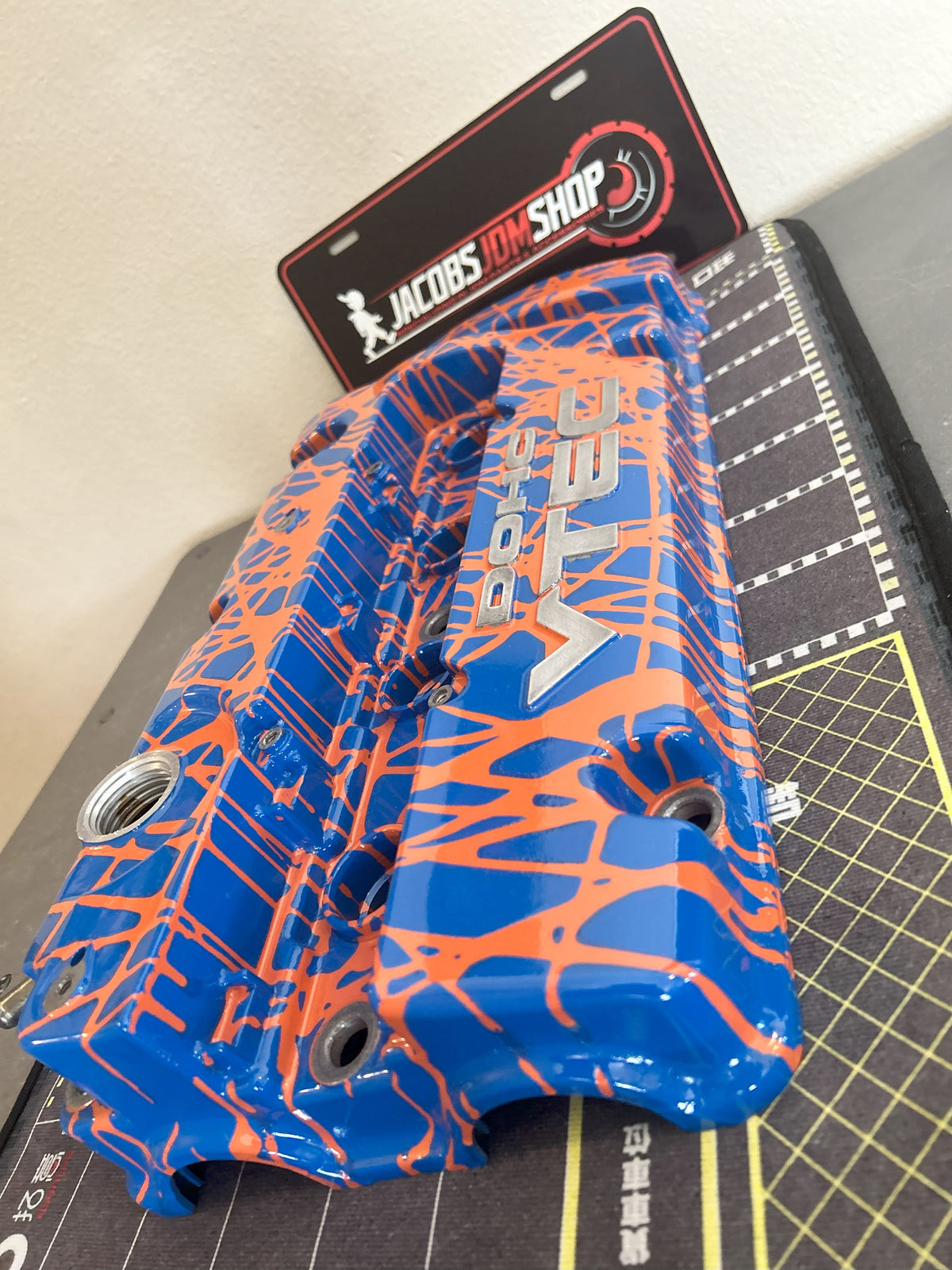 H22 Custom Painted Valve Cover - Blue/Orange - CUT
