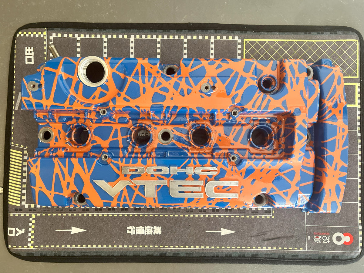 H22 Custom Painted Valve Cover - Blue/Orange - CUT